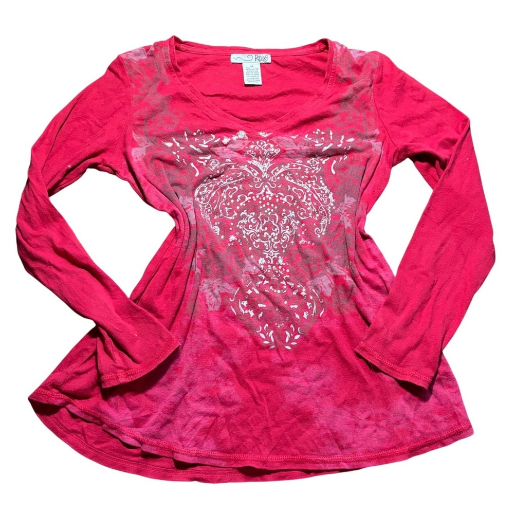 Y2K Mcbling Long Sleeve V-Neck Graphic Top Pink Rhinestone Embellished Medium